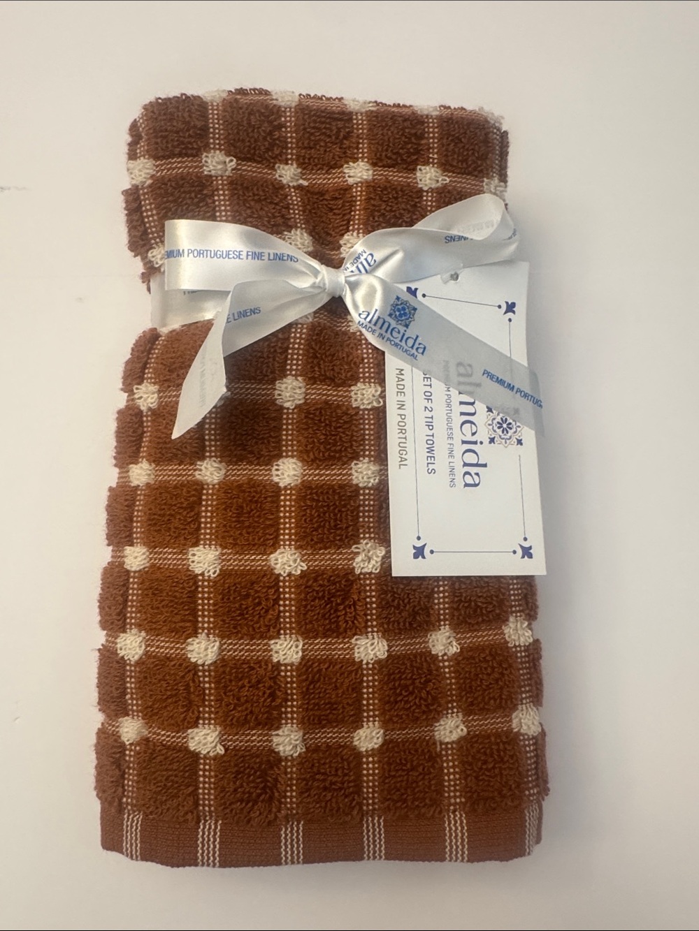 6pc ALMEIDA Premium Portuguese Fine Linens Bath Towel Set - Grid -Rust/Cream - Picture 7 of 12